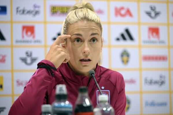 Spain's women's national soccer team player Alexia Putellas attends a press conference in Gothenburg, Sweden, ahead of the UEFA Nations League soccer match against Sweden, Thursday, Sept. 21, 2023. (Bjorn Larsson Rosvall/TT News Agency via AP)