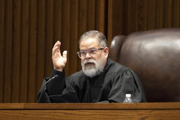 Kansas Supreme Court Justice Caleb Stegall asks a question during the Hodes & Nauser v. Kobach case Monday, May 27, 2023. (Evert Nelson/The Topeka Capital-Journal via AP, Pool)