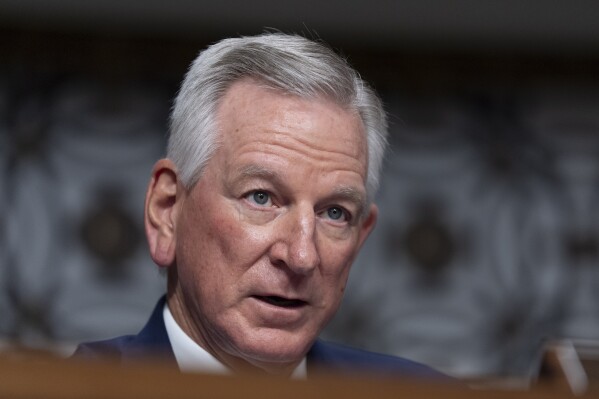 Senate Armed Services Committee member Sen. Tommy Tuberville, R-Ala., questions retired Air Force Lt. Gen. Dan "Razin" Caine during his confirmation hearing on his nomination to be promoted to general and chairman of the Joint Chiefs of Staff, April 1, 2025, in Washington. (AP Photo/Manuel Balce Ceneta, File)