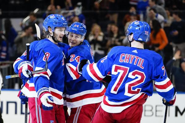 New York Rangers' Jacob Trouba (8) celebrates with teammates after scoring a goal during the first period of an NHL hockey game against the Carolina Hurricanes Tuesday, Jan. 3, 2023, in New York. (AP Photo/Frank Franklin II)