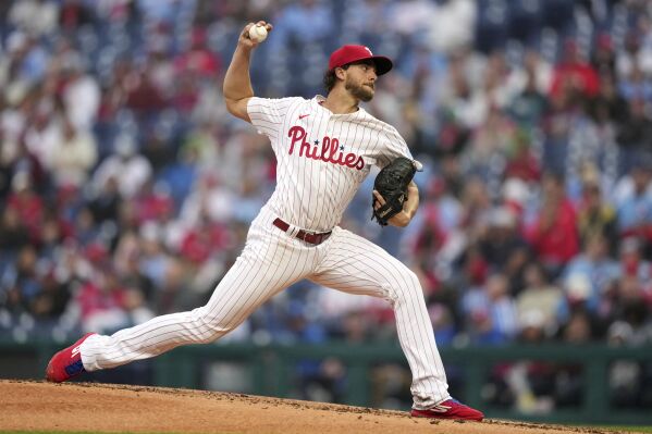 Philadelphia Phillies' Aaron Nola pitches during the second inning in the second baseball game of a doubleheader against the St. Louis Cardinals Wednesday, May 14, 2025, in Philadelphia. (AP Photo/Matt Slocum)