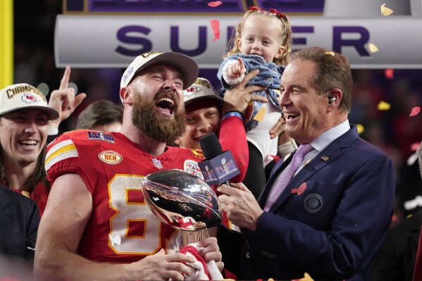 Kansas City Chiefs tight end Travis Kelce (87) celebrates after the NFL Super Bowl 58 football game against the San Francisco 49ers, Sunday, Feb. 11, 2024, in Las Vegas. The Chiefs won 25-22. (APPhoto/George Walker IV)