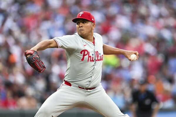 Philadelphia Phillies pitcher Ranger Suárez throws during the second inning of a baseball game against the Baltimore Orioles, Friday, June 14, 2024, in Baltimore. (AP Photo/Terrance Williams)