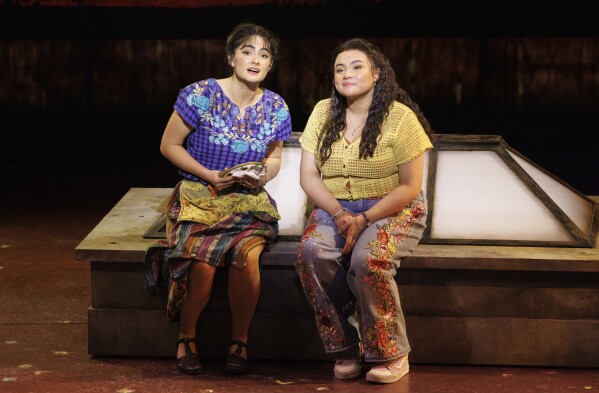 Aline Mayagoitia, left, and Tatianna Córdoba appear during a rehearsal for the Broadway production of "Real Women Have Curves" on Friday, March 28, 2025, in New York. (Photo by CJ Rivera/Invision/AP)