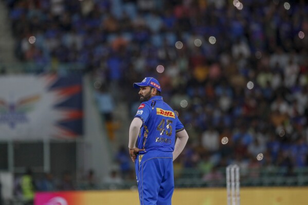 Mumbai Indians' Rohit Sharma looks on during the Indian Premier League cricket match between Lucknow Super Giants and Mumbai Indians in Lucknow, India, Tuesday, April 30, 2024. (AP Photo/Pankaj Nangia)
