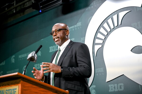 Michigan State acting head football coach Harlon Barnett speaks during an NCAA college football press conference since taking over for suspended coach Mel Tucker, Tuesday, Sept. 12, 2023, at Spartan Stadium in East Lansing, Mich. (Nick King/Lansing State Journal via AP)