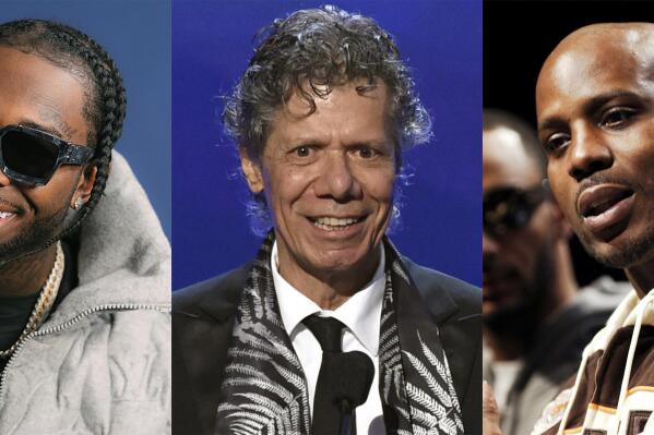This combination of photos shows a portrait of rapper Pop Smoke, who was killed in 2020, left, jazz pianist Chick Corea, who died earlier this year and rapper DMX, who died earlier this year. Pop Smoke earned a posthumous Grammy nomination as a contributor on Kanye West's “Donda,” which is nominated for album of the year. Corea has four nominations this year in the jazz, Latin jazz and classical categories and DMX earned a Grammy nomination for best rap song for “Bath Salts," featuring Jay-Z and Nas, which was released after his death. (Republic Records via AP, left, and AP Photos)