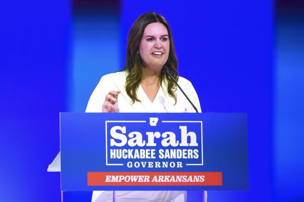 Arkansas Gov.-elect Sarah Huckabee Sanders speaks during her election night party Tuesday, Nov. 8, 2022, in Little Rock, Ark. (AP Photo/Will Newton)