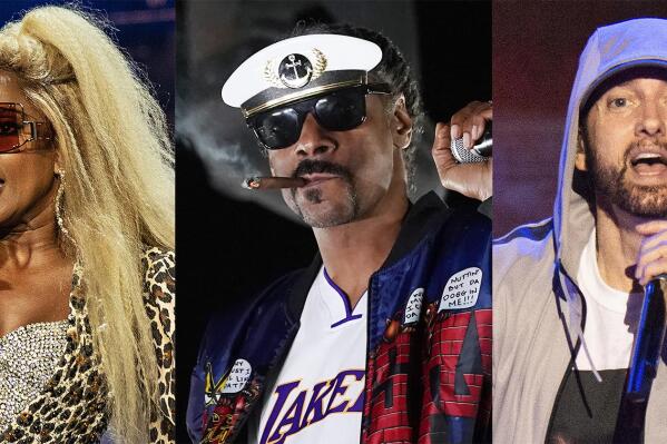 This combination of photos shows, from left, Kendrick Lamar, Mary J. Blige, Snoop Dogg, Eminem and Dr, Dre, who will perform for the first time together on stage at the 2022 Pepsi Super Bowl Halftime Show. NFL, Pepsi and Roc Nation announced Thursday that the five music icons will perform on Feb. 13 at SoFi Stadium in Inglewood, Calif. (AP Photo)