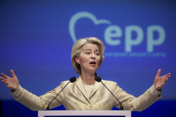 European Commission President Ursula von der Leyen addresses the EPP Congress in Bucharest, Romania, Thursday, March 7, 2024. The 2024 EPP Congress takes place in the Romanian capital, with Germany's Ursula von der Leyen seeking a second term as head of the European Union's powerful Commission in a move that could make her the most significant politician representing the bloc's 450 million citizens in over a generation. (AP Photo/Vadim Ghirda)