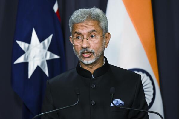 India's External Affairs Minister Subramanyam Jaishankar speaks during a press conference after a bilateral meeting at Parliament House in Canberra, Australia, Monday, Oct. 10, 2022. Jaishankar said Russia’s war on Ukraine “does not serve the interests of anybody,” but declined to say whether his government would support a United Nations General Assembly motion condemning Moscow’s annexation of Ukrainian territories. (Lukas Coch/AAP Image via AP)