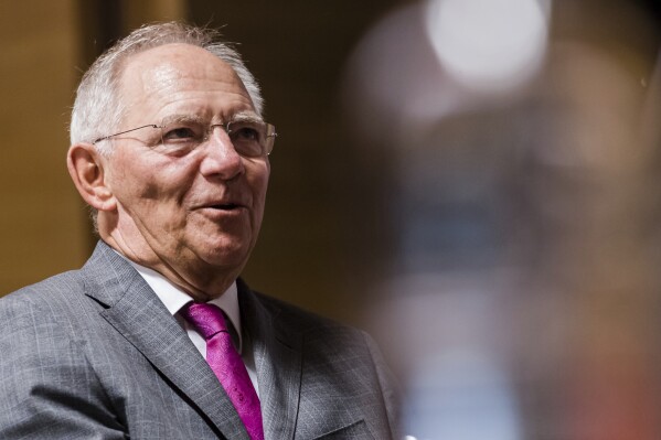 FILE - German Finance Minister Wolfgang Schaeuble attends a meeting of EU finance ministers at the EU Council building in Luxembourg on Friday, June 16, 2017. Wolfgang Schaeuble, who helped negotiate German reunification in 1990 and as finance minister was a central figure in the austerity-heavy effort to drag Europe out of its debt crisis more than two decades later, has died on Tuesday, Dec. 26, 2023. He was 81. (AP Photo/Geert Vanden Wijngaert, File)
