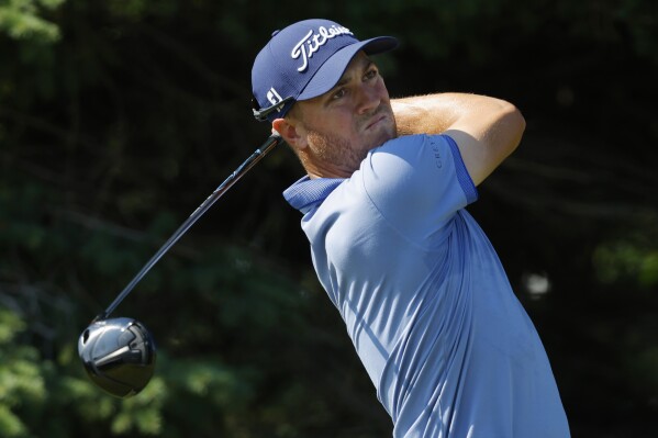 Justin Thomas tees off on the second hole during the second round at the 3M Open golf tournament at the Tournament Players Club Friday, July 28, 2023, in Blaine, Minn. (AP Photo/Bruce Kluckhohn)