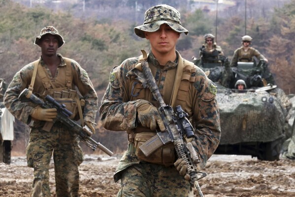 U.S. marines participate in a joint military exercise between South Korea and the United States in Pohang, South Korea, Thursday, March 6, 2025. (Son Dae-sung/Yonhap via AP)