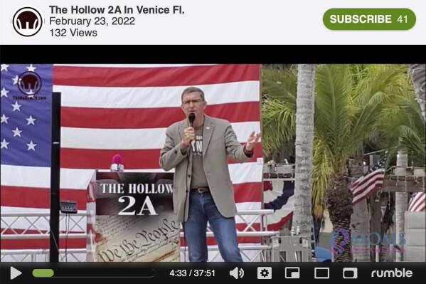 This image from video posted on Rumble on Feb. 23, 2022 shows Michael Flynn speaking at The Hollow in Venice, Fla. Flynn, who once led the U.S. military's intelligence agency, now is at the center of a far-right Christian nationalist movement that has a growing influence in the Republican Party. (AP Photo)