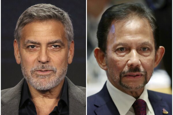 
              FILE - This combination of file photos shows George Clooney in Pasadena, Calif., on Feb. 11, 2019, left, and Brunei's Sultan Hassanal Bolkiah in Brussels on Oct. 18, 2018. Clooney is calling for the boycott of nine hotels in the U.S. and Europe with ties to Sultan Bolkiah, who's country will implement Islamic criminal laws in April 2019 to punish gay sex by stoning offenders to death. (AP Photo/Willy Sanjuan and Francisco Seco, File)
            
