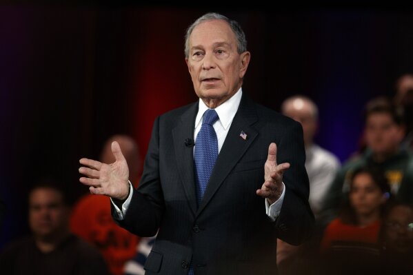 FILE - In this March 2, 2020, file photo, Democratic presidential candidate and former New York City Mayor Mike Bloomberg speaks during a FOX News Channel Town Hall in Manassas, Va. Bloomberg is one of the 50 Americans who gave the most to charity in 2020, according to the Chronicle of Philanthropy’s annual rankings. (AP Photo/Carolyn Kaster, File)