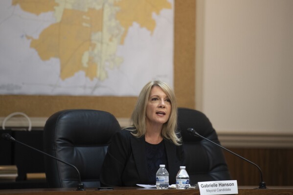 Franklin, Tenn., mayoral candidate Gabrielle Hanson makes remarks during a forum at City Hall, Monday, Oct. 2, 2023, in Franklin, Tenn. Unofficial results show Hanson lost the mayoral election Tuesday, Oct. 24, 2023, by a wide margin to the incumbent Franklin Mayor Ken Moore. The Associated Press did not count votes in this election. (Nicole Hester/The Tennessean via AP)