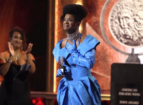 J. Harrison Ghee accepts the award for best performance by an actor in a leading role in a musical for "Some Like It Hot" at the 76th annual Tony Awards on Sunday, June 11, 2023, at the United Palace theater in New York. (Photo by Charles Sykes/Invision/AP)