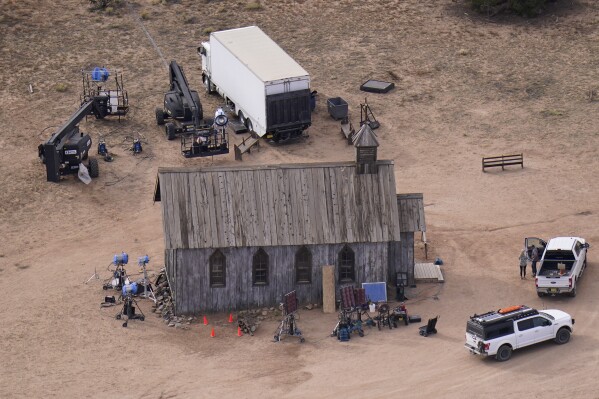 FILE - This aerial photo shows a film set at the Bonanza Creek Ranch in Santa Fe, N.M., Saturday, Oct. 23, 2021. Special prosecutors said Tuesday, Oct. 17, 2023, that they will seek to recharge actor Alec Baldwin with involuntary manslaughter in a 2021 fatal shooting on the movie set in New Mexico. (AP Photo/Jae C. Hong, File)