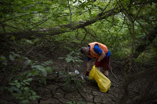 A volunteer collects rubbish from the banks of Tisza River near Tiszaroff, Hungary, Tuesday, Aug. 1, 2023. (AP Photo/Denes Erdos)