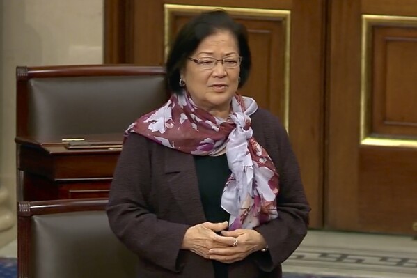 This image from U.S. Senate video, Sen. Mazie Hirono, D-Hawaii, speaks about the late Sen. Dianne Feinstein in the Senate chamber on Friday, Sept. 29, 2023, in Washington. (Senate Television via AP)