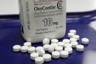 FILE - This Feb. 19, 2013 file photo shows OxyContin pills arranged for a photo at a pharmacy in Montpelier, Vt. On Friday, Sept. 11, 2020, a U.S. Food and Drug Administration advisory panel said t...