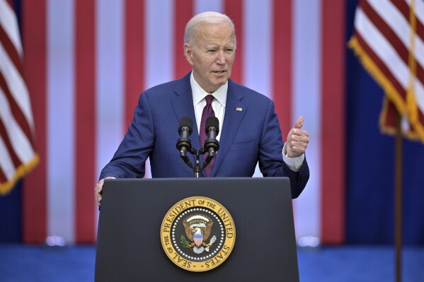 President Joe Biden delivers remarks on lowering prices for American families during an event at the YMCA Allard Center, Monday, March 11, 2024, in Goffstown, N.H. (AP Photo/Josh Reynolds)