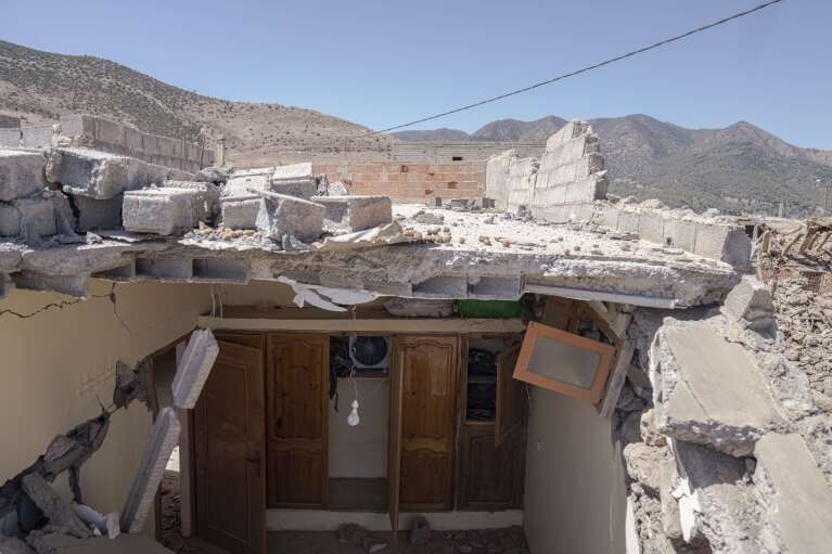 The interior of a home damaged by the earthquake in the village of Tafeghaghte, near Marrakech, Morocco, Monday, Sept. 11, 2023. (AP Photo/Mosa'ab Elshamy)
