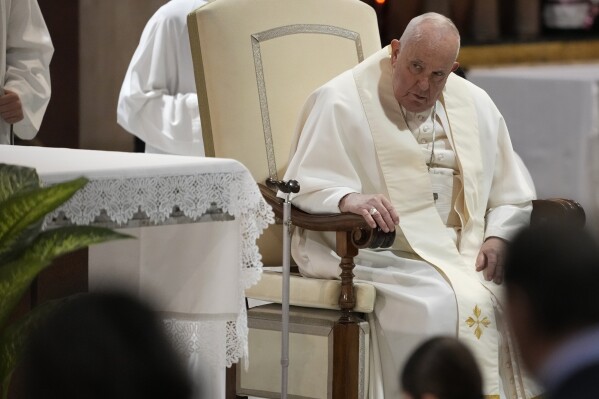 Pope Francis visits the parish church of St. Pius V for the "24 hours for the Lord" Lenten initiative of prayer and reconciliation, in Rome, Friday, March 8, 2024. The event will be celebrated in dioceses around the world on the eve of the fourth Sunday of Lent, from Friday 8 to Saturday 9 March.(AP Photo/Andrew Medichini)