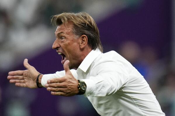 Saudi Arabia's head coach Herve Renard shouts during the World Cup group C soccer match between Saudi Arabia and Mexico, at the Lusail Stadium in Lusail, Qatar, Wednesday, Nov. 30, 2022. (AP Photo/Manu Fernandez)