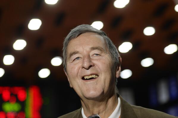 FILE - Jiri Zidek sr smiles in Prague, Feb. 2, 2019. Jiri Zidek sr., the best Czech basketball player of the 20th century and the first Czech inducted to the FIBA’s Hall of Fame has died. The Czech basketball association said announced his death on Saturday, May 21, 2022 saying he was battling an unspecified long-term illness. He was 78. (Katerina Sulova/CTK via AP)