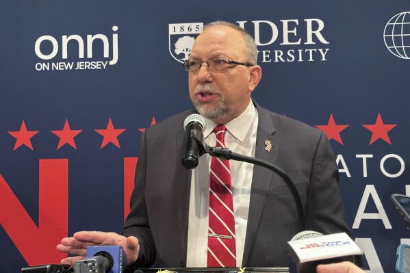 Former state senator Ed Durr speaks following the first Republican debate, Feb. 4, 2025, at Rider University in Lawrenceville, N.J. (AP Photo/Mike Catalini, File)