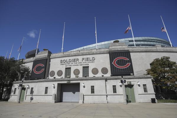 FILE - A general overall view of the exterior of Soldier Field in Chicago before an NFL football game between the Chicago Bears and Indianapolis Colts, Sunday, Oct. 4, 2020. Chicago Mayor Lori Lightfoot on Monday, July 25, 2022, presented three options for renovating Soldier Field, the home of the Chicago Bears, but the team said it's not interested. (AP Photo/Kamil Krzaczynski, File)
