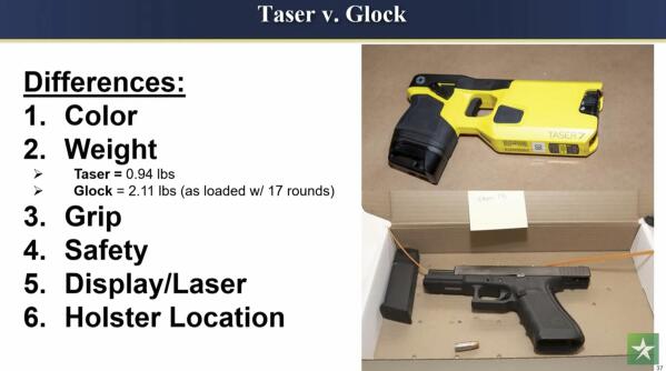In this image provided by the prosecution shows the difference between a Taser and a Glock as the state delivers their opening statement as Hennepin County Judge Regina Chu presides over court Wednesday, Dec. 8, 2021, in the trial of former Brooklyn Center police Officer Kim Potter in the April 11, 2021, death of Daunte Wright, at the Hennepin County Courthouse in Minneapolis, Minn. (Court TV via AP, Pool)