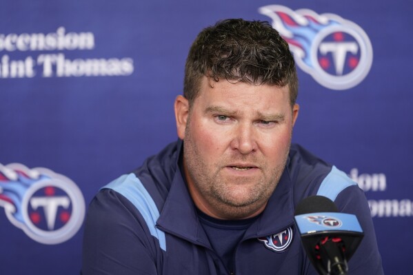 Tennessee Titans general manager Jon Robinson answers questions at an NFL football news conference Tuesday, July 26, 2022, in Nashville, Tenn. (AP Photo/Mark Humphrey, File)