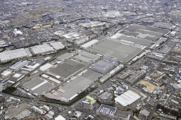 This aerial photo shows Toyota's Motomachi plant on March 1, 2022, in Toyota, central Japan. All 28 vehicle assembly lines at Toyota’s 14 auto plants in Japan shut down Tuesday, Aug. 29, 2023, over a problem in its computer system that deals with incoming auto parts.(Kyodo News via AP)