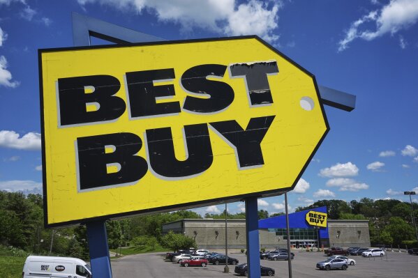 This is a sign outside a Best Buy store in Bethel Park, Pa., on Thursday, May 15, 2025. (AP Photo/Gene J. Puskar, file)