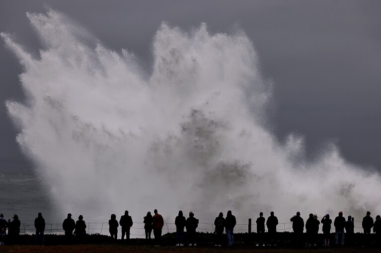 Large waves crash into Duncan Landing north of Carmarthen, CA, as a Pacific hurricane hits Northern California on Thursday, December 28, 2023.  (Kent Porter/The Press Democrat via AP)