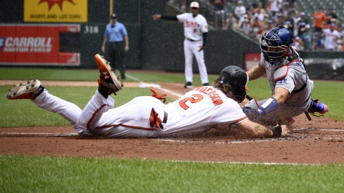 Baltimore Orioles' Gunnar Henderson, left, slides home against Los Angeles Dodgers catcher Austin Barnes to score on a double by Ramon Urias during the first inning of a baseball game Wednesday, July 19, 2023, in Baltimore. (AP Photo/Nick Wass)