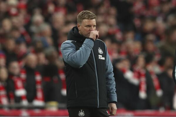 Newcastle's head coach Eddie Howegestures as he stands on the side line during the English League Cup final soccer match between Manchester United and Newcastle United at Wembley Stadium in London, Sunday, Feb. 26, 2023. (AP Photo/Scott Heppell)