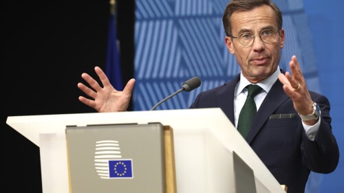 Sweden's Prime Minister Ulf Kristersson speaks during a media conference at an EU summit in Brussels, Friday, June 30, 2023. European Union leaders on Friday resumed migration talks for a second day as Poland and Hungary continued to block progress after they were outvoted earlier this month on a plan to share out refugees arriving in Europe among the 27 member countries. (AP Photo/Geert Vanden Wijngaert)