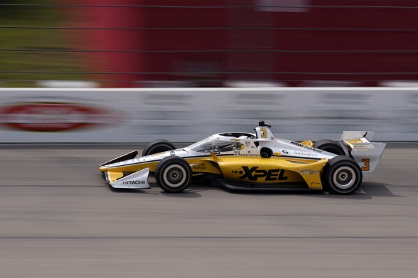 Scott McLaughlin, of New Zealand, drives during an IndyCar Series auto race, Sunday, July 23, 2023, at Iowa Speedway in Newton, Iowa. (AP Photo/Charlie Neibergall)