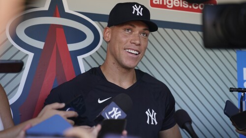 New York Yankees' Aaron Judge speaks to reporters before a baseball game against the Los Angeles Angels in Anaheim, Calif., Wednesday, July 19, 2023. (AP Photo/Ashley Landis)