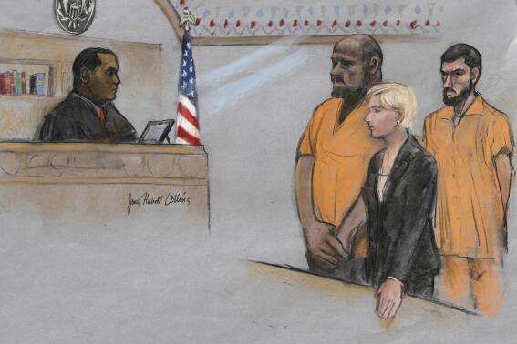 FILE - In this June 19, 2015, file, courtroom sketch, David Wright, second from left, is depicted standing before Magistrate Judge Donald Cabell, left, with attorney Jessica Hedges, second from right, and Nicholas Rovinski, right, during a hearing in federal court in Boston. Prosecutors will ask the judge on Tuesday, Dec. 19, 2017, in Boston to sentence 28-year-old Wright to life in prison for his role in the plot to kill Pamela Geller. The plot was never carried out. (Jane Flavell Collins via AP, File)