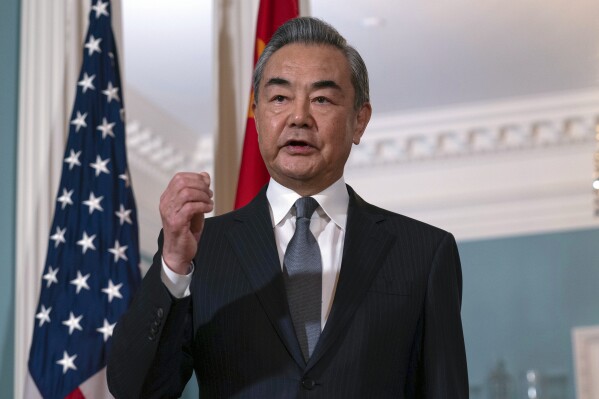China's Foreign Minister Wang Yi and Secretary of State Antony Blinken talk to reporters after a bilateral meeting at the State Department in Washington, Thursday, Oct. 26, 2023. (AP Photo/Jose Luis Magana)