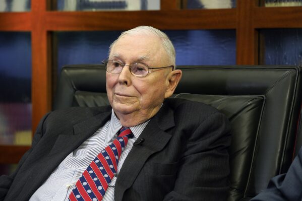 FILE - Berkshire Hathaway Vice Chairman Charlie Munger listens to a question during an interview with Liz Claman on Fox Business Network on May 7, 2018 in Omaha, Neb. "Countdown to the closing bell." On Thursday, October 5, 2023, Munger, who has been Warren Buffett's right-hand man for more than five decades, made a $40 million gift to the California museum, which he has supported in the past.  (AP Photo/Nati Harnik, File)