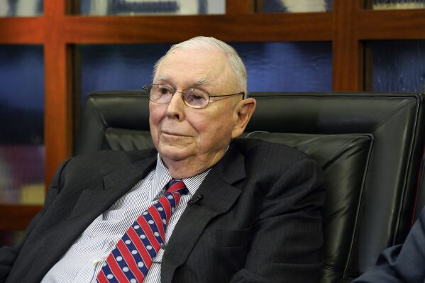 FILE - Berkshire Hathaway Vice Chairman Charlie Munger listens to a question during an interview, May 7, 2018, in Omaha, Neb., with Liz Claman on Fox Business Network's "Countdown to the Closing Bell." On Thursday, Oct. 5, 2023, Munger, who's been Warren Buffett's right-hand man for more than five decades, made a $40 million gift to a California museum that he's supported in the past. (AP Photo/Nati Harnik, File)