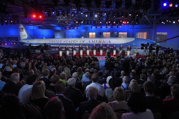 FILE - GOP presidential candidates stand behind their podiums during the CNN Republican presidential debate at the Ronald Reagan Presidential Library and Museum in Simi Valley, Calif., on Sept. 16, 2015. Concern for U.S. democracy amid deep national polarization has prompted the entities supporting 13 presidential libraries dating back to Herbert Hoover to call for a recommitment to the country's bedrock principles, including the rule of law and respecting a diversity of beliefs. (AP Photo/Mark J. Terrill, File)