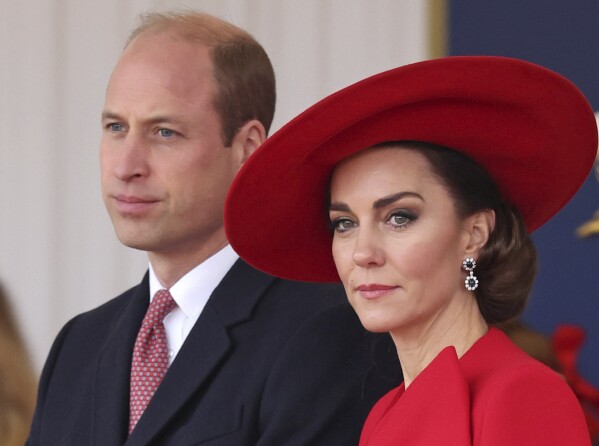 FILE - Britain's Prince William, left, and Britain's Kate, Princess of Wales, attend a ceremonial welcome for the President and the First Lady of the Republic of Korea at Horse Guards Parade in London, England on Nov. 21, 2023. (Chris Jackson/Pool Photo via AP, File)